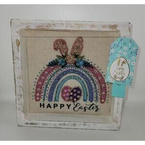 Noor-e-Noire Rustic Wood Shadow Box Rainbow Bunny Flowers Ears Sequence Decor